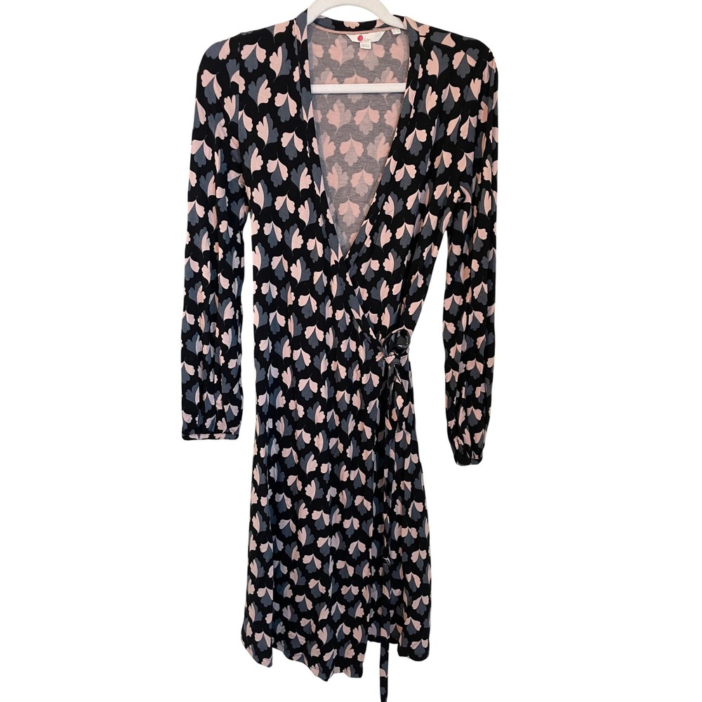 Boden Womens‎ Size 4 Elodie Leaf Print Viscose Jersey Wrap Dress Black Pink Gray